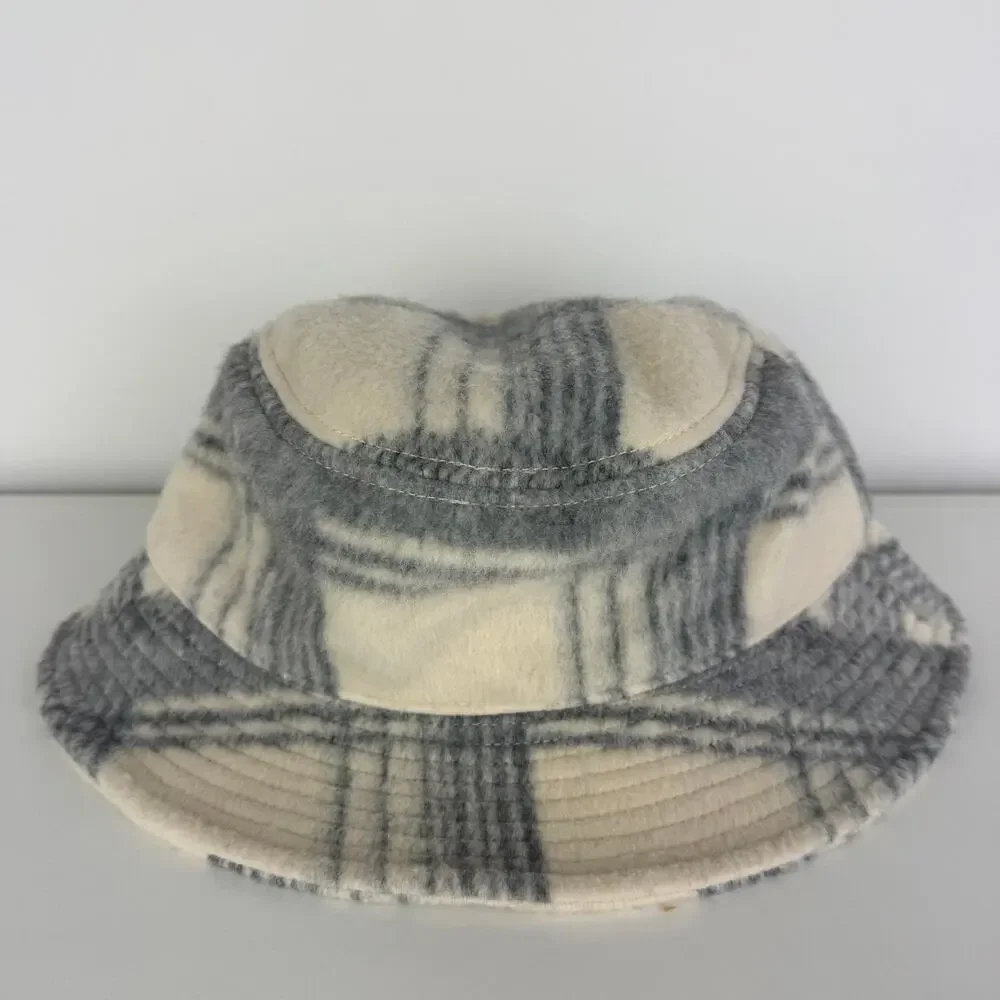 Madewell Womens Soft Sherpa Canvas Cozy Plaid Dusk Beige/Grey Bucket Hat M/L